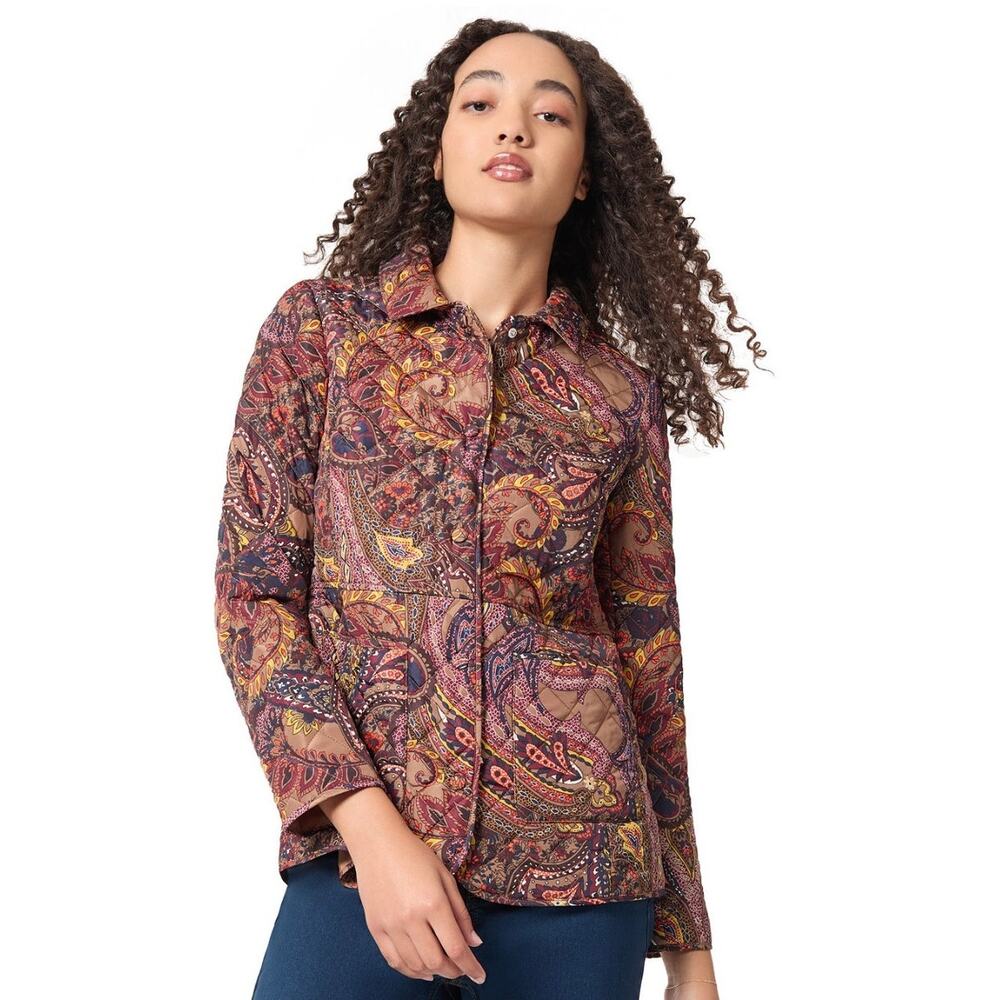 Jones New York Women Paisely Quilted Snap Front Jacket Petite Large
